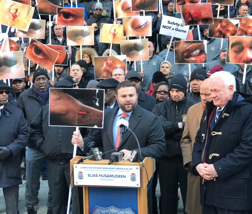 Borelli speaks at a protest denouncing Mayor de Blasio allowing continued violence towards corrections officers on Rikers Island.